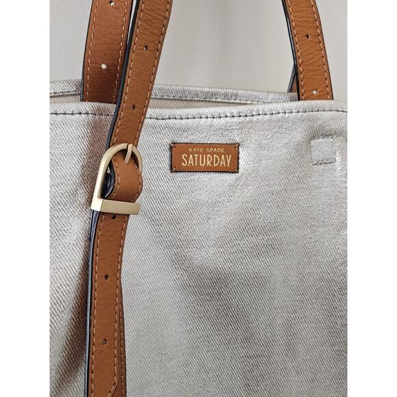 KATE SPADE SATURDAY Silver Metallic Canvas Large Tote Bag Purse Double Straps - Picture 2 of 11